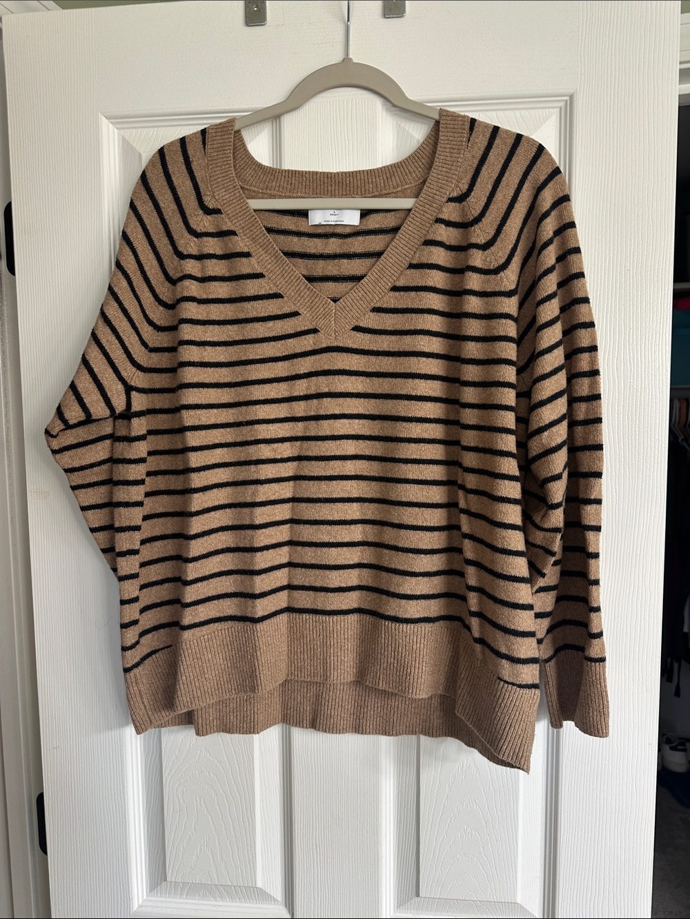 Old Navy Striped V-Neck Sweater in Camel and Black